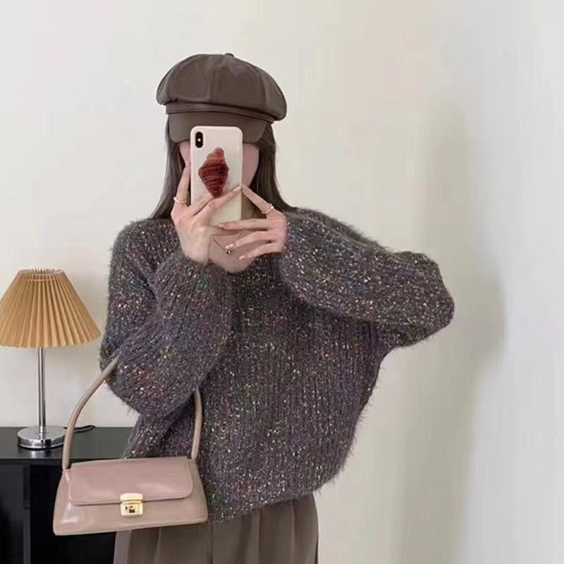 Maglione con scollo a V in stile pigro con pois colorati in seta brillante per le donne in Corea del Sud, autunno inverno 2024, morbido e ampio_voghion.com