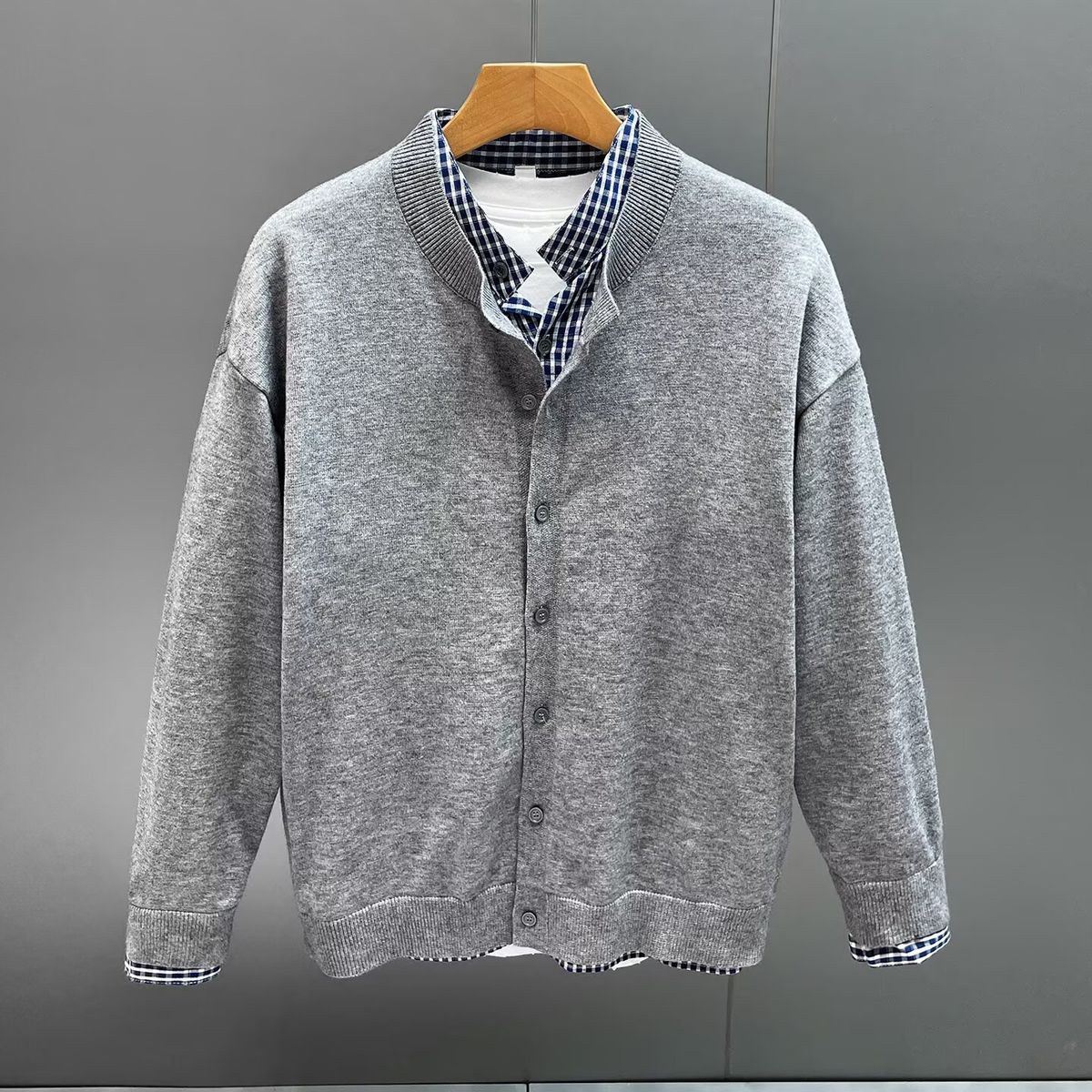 Cardigan da uomo in maglia con patchwork scozzese - Pullover casual ampio e aperto sul davanti per autunno inverno_voghion.com