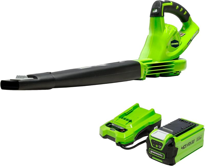 Suflantă/măturatoare de frunze Greenworks de 40V, 240 km/h, ușoară, silențioasă, cu baterie de 2,0 Ah și încărcător_voghion.com