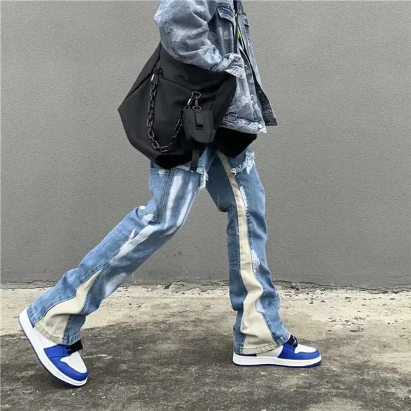 Männer 2022 Vibe Stil Patchwork Gewaschen Baggy Männer Flare Jeans Hosen Farbe Block Gerade Lose Vintage Denim Hosen_voghion.com