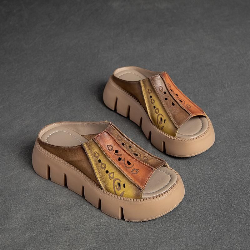 Johnature Genuine Leather Thick Soles Sandals Women Retro Wedges Slides Comfortable Outdoor Platform Slippers_voghion.com