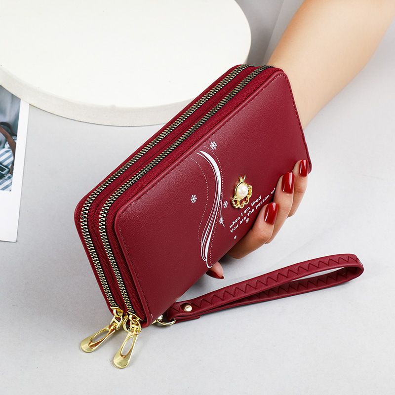 Women's Wallet Card Cases Double Layer Zipper Long Wallet Women Large Capacity Wrist Clutch Pearl Print Mobile Phone Bag_voghion.com