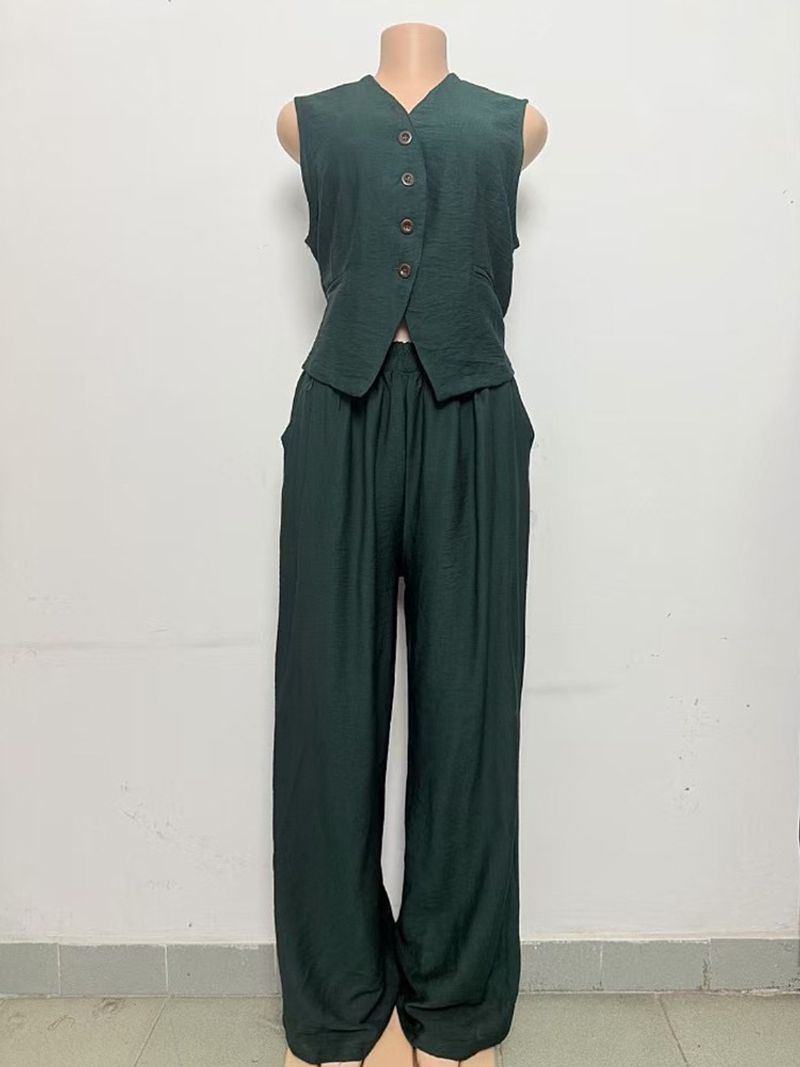 Ropa de mujer, chaleco retro de color sólido con botonadura sencilla, conjunto de dos piezas, pantalones de cintura alta y pierna ancha, traje de moda_voghion.com
