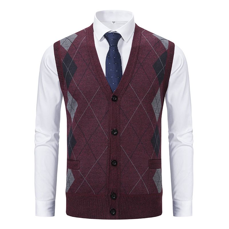 Men's Autumn And Winter Vest Middle-aged Vest V-neck Sleeveless Knitted Diamond Shape Warm Vest_voghion.com