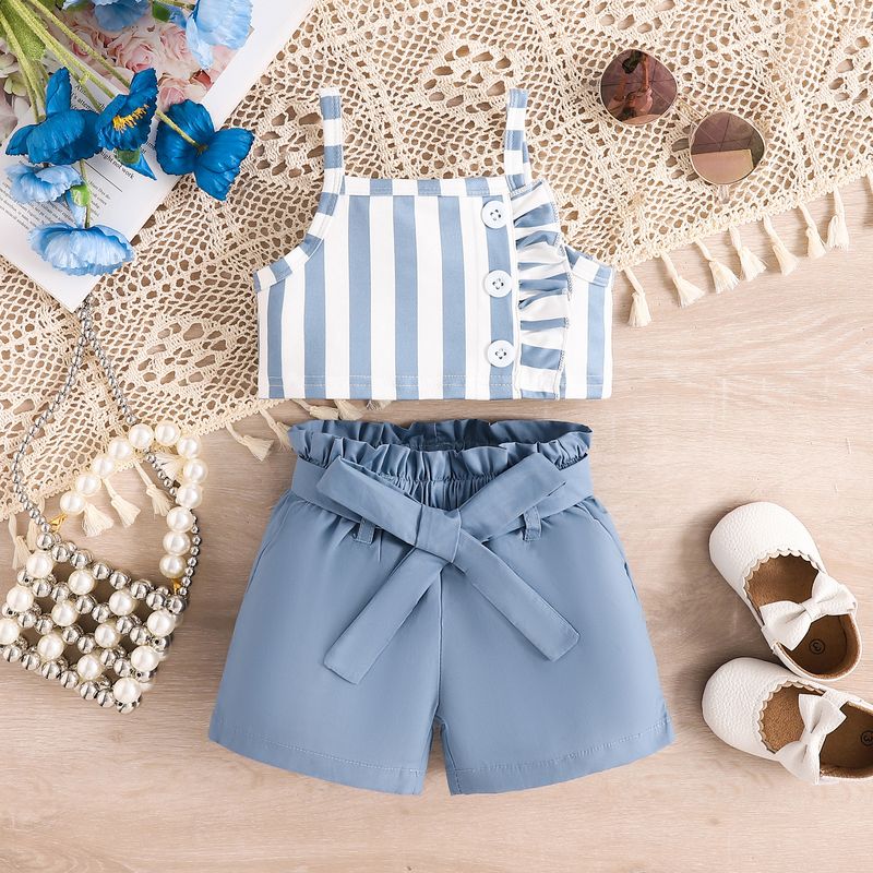 mother & kids Summer girls sleeveless striped vest solid color shorts two-piece baby one-shoulder fashionable clothes one piece delivery_voghion.com