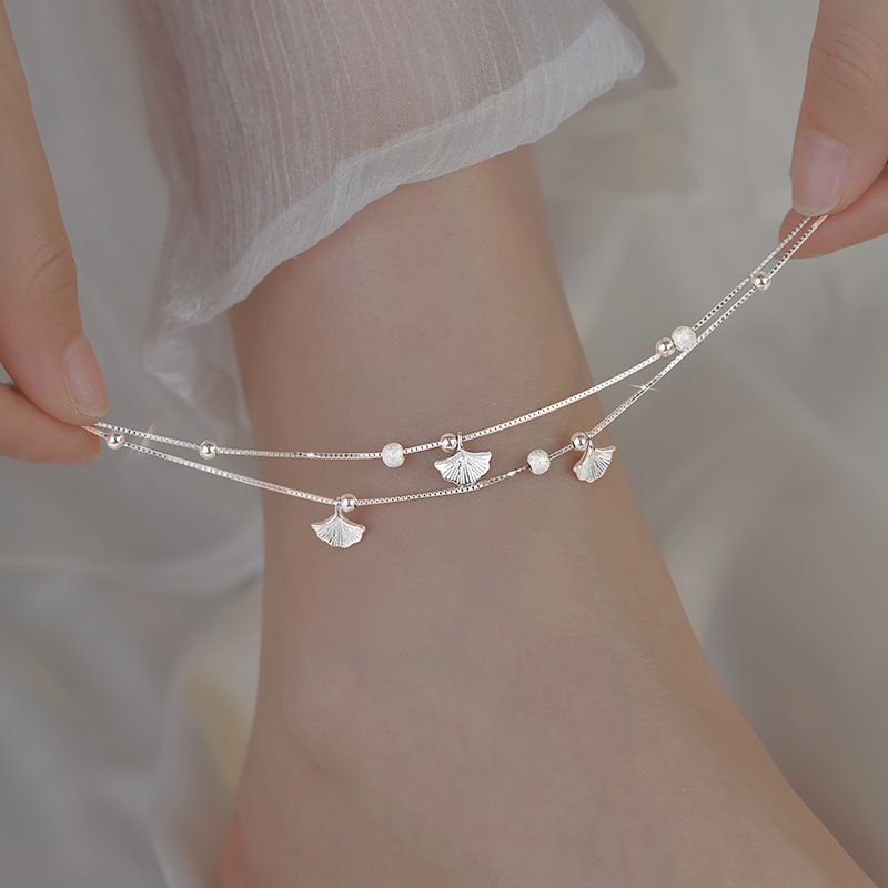 Three Lives With Apricot Crumbs Silver For Women, Light Luxury Niche Ginkgo Leaf Anklet Foot Jewelry 2025 New Model_voghion.com