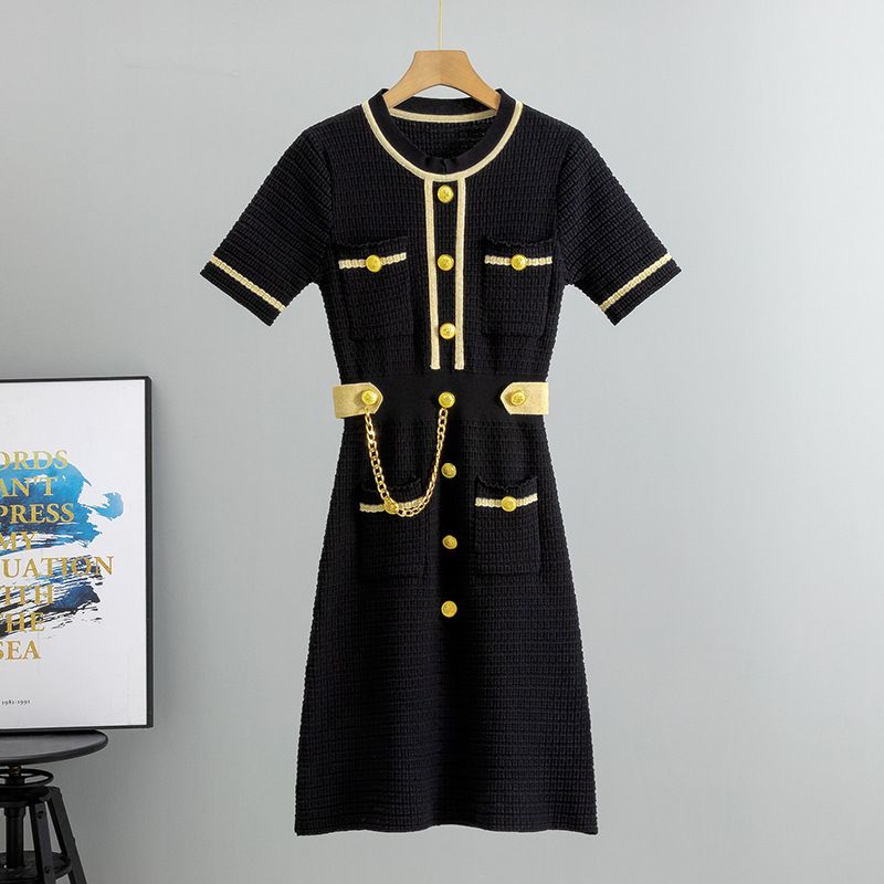 Women's Clothing temperament small fragrance style knitted dress summer fashion women's clothing short sleeve waist slim A line skirt_voghion.com