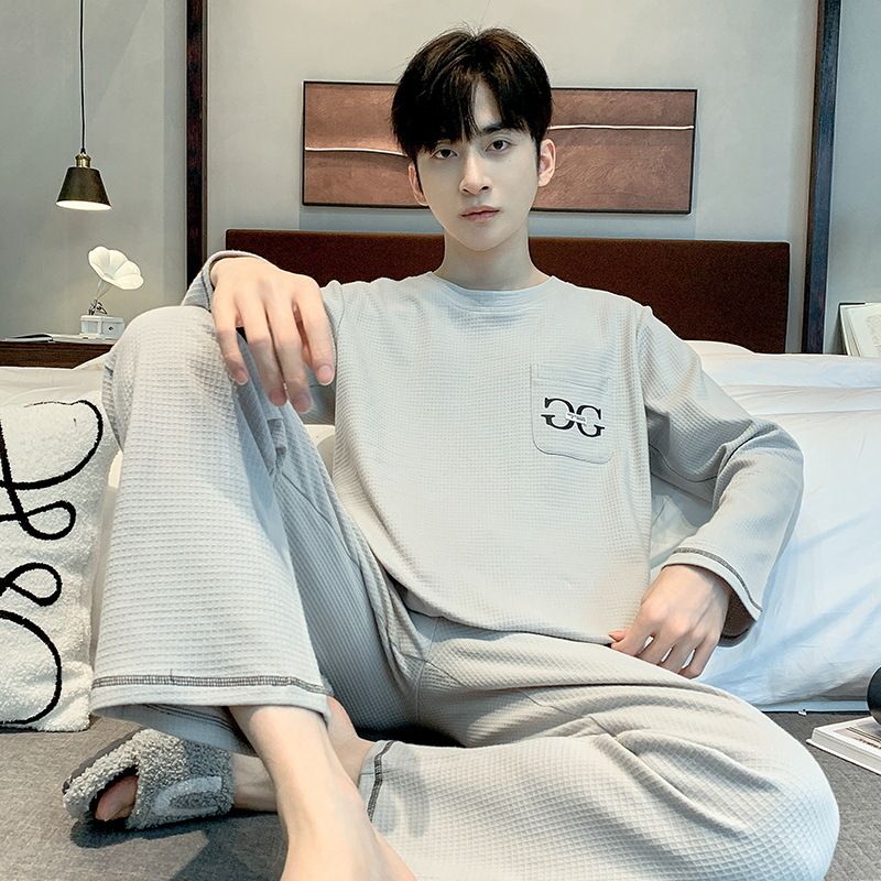 Herren-Pyjama-Set Frühjahr/Herbst 2025: Langarmhose, Baumwolle, locker geschnitten, lässig, für Jugendliche, ideal für Zuhause._voghion.com