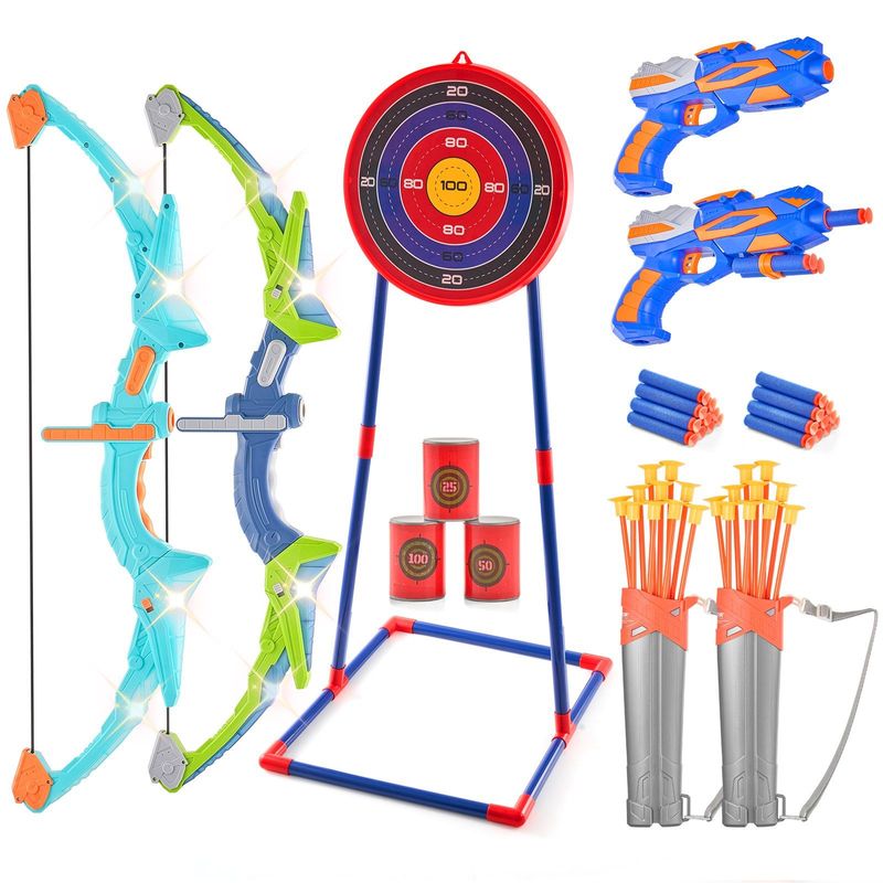 VEVOR Bow And Arrow Set For Kids, 2 Pack LED Light Up Archery Set With 20 Suction Cup Arrows, Standing Target, 2 Quivers, 2 Guns, 20 Soft Bullets, 3 Target Cans, Outdoor Toy For Boy & Girl 6+ Year Old_voghion.com