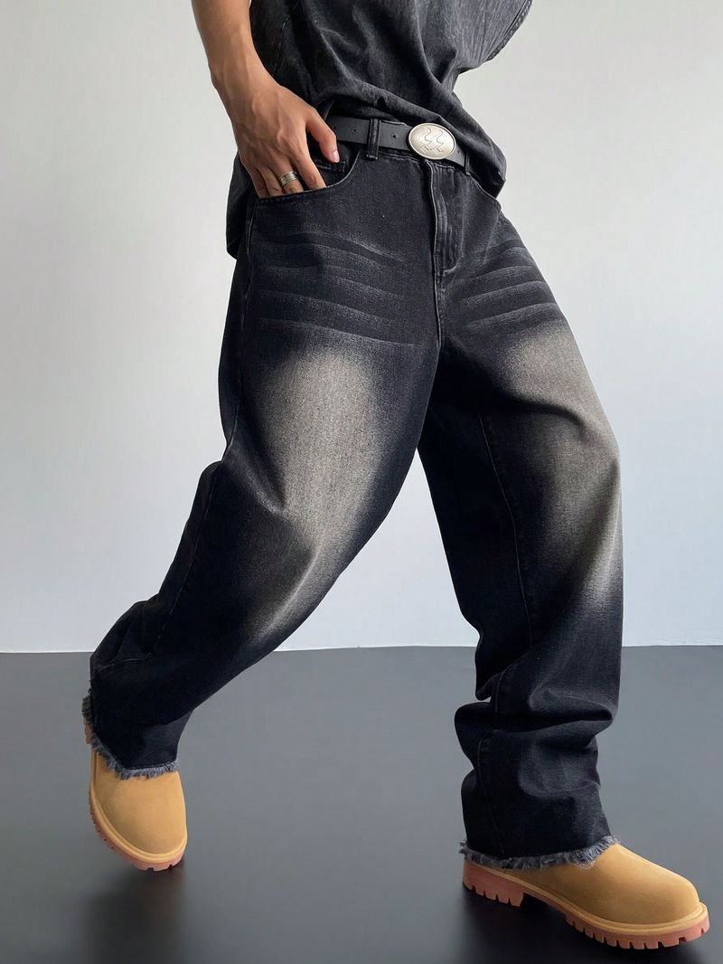 Manfinity EMRG Jeans Casual Da Uomo Neri Con Chiusura Lampo Davanti E Orlo Strappato_voghion.com