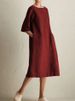 Abito casual da donna di grandi dimensioni in cotone e lino con scollo rotondo e maniche medie, tascabile_voghion.com