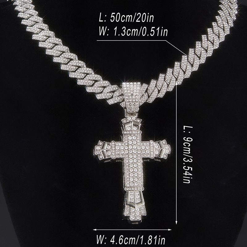 Inlaid Large Cross Personalized Versatile Alloy Water Dia Unisex Cuban Chain Necklace_voghion.com
