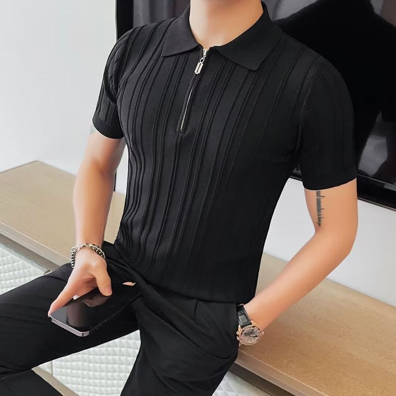 Herrenbekleidung Slim Fit Hemd Kurzarm Atmungsaktives Baumwollmischgewebe Lässiges T-Shirt Für Den Sommer, Gestreiftes Stickdesign, Weiß & Schwarz, M-3XL​_voghion.com