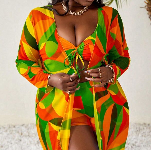 Women's Floral Print Cover-Up Swimsuit Set - Sheer Beach Tunic With Bikini & Sarong - Plus Size Swimwear For Pool_voghion.com