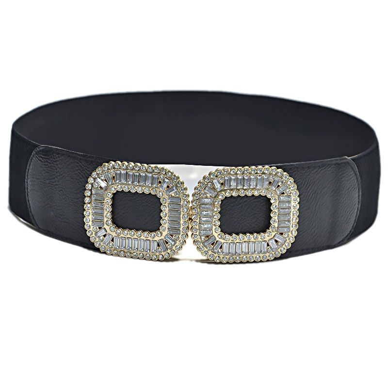 New women's elastic with water diamond inlaid rectangular double buckle waistband_voghion.com