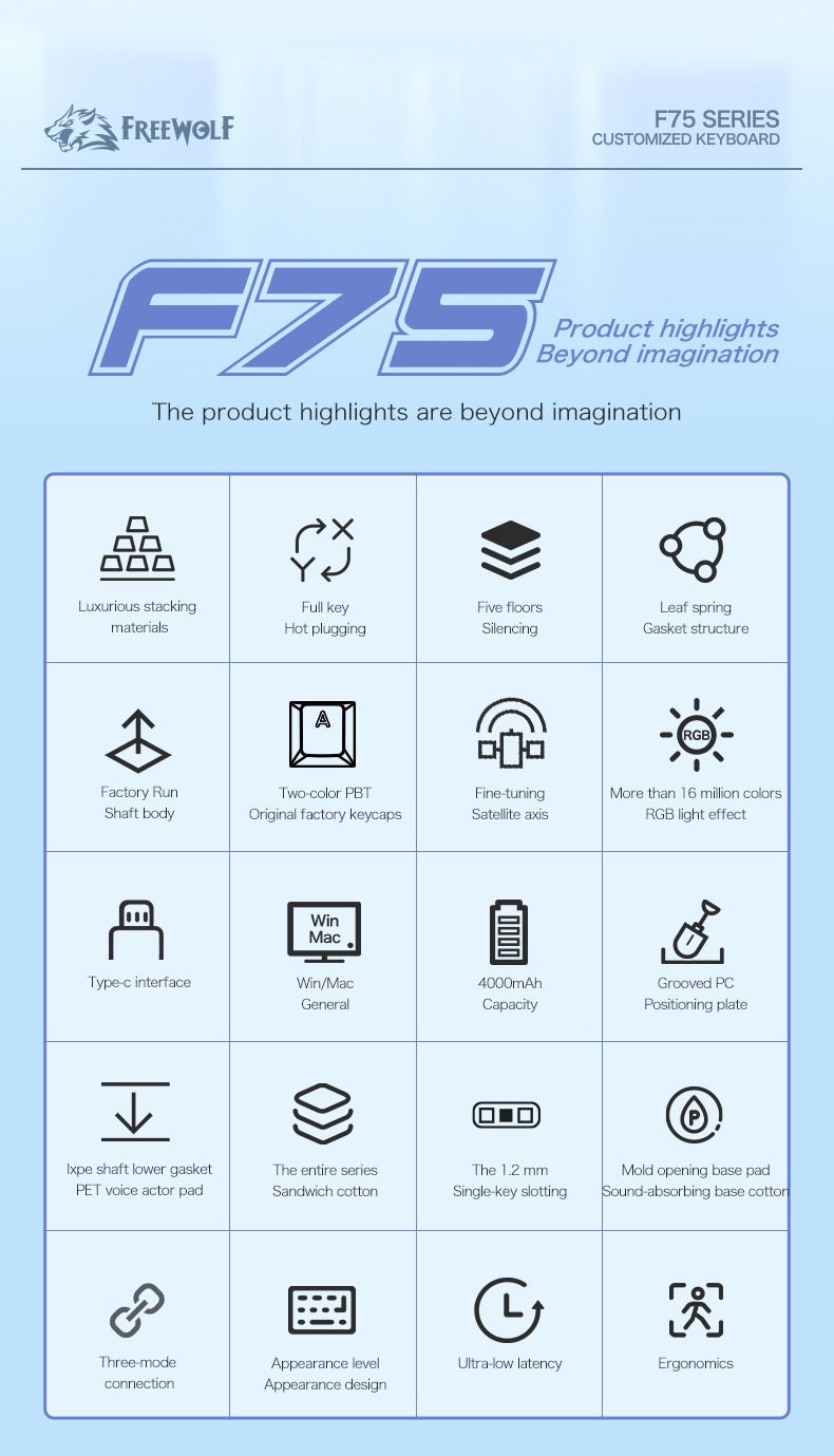 Free Wolf F75 Custom Mechanical Keyboard Gasket Structure RGB Wireless Three-mode Hot-swappable Keyboard_voghion.com