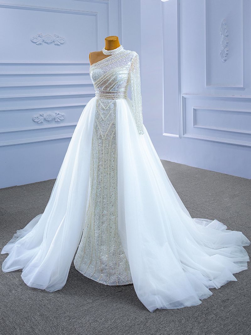 Robe de mariée de luxe en dentelle perlée brodée pour femmes, lourde, faite à la main, queue de perles, robe de mariée princesse moelleuse_voghion.com