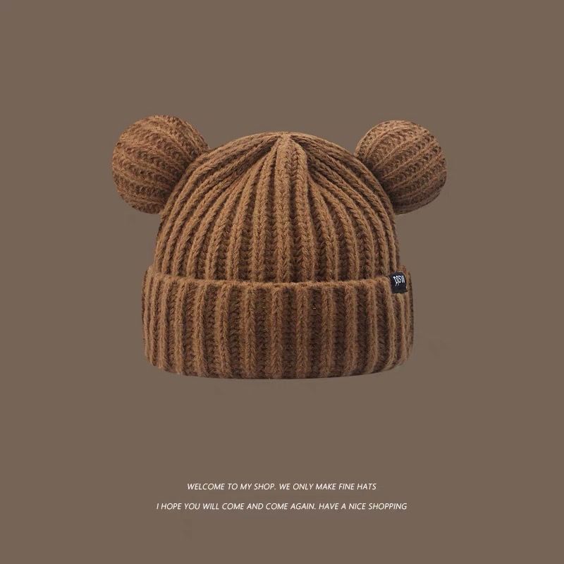 Unisex Cute bear woolen hat children winter thickened plush warm woolen hat big head knitted cap_voghion.com