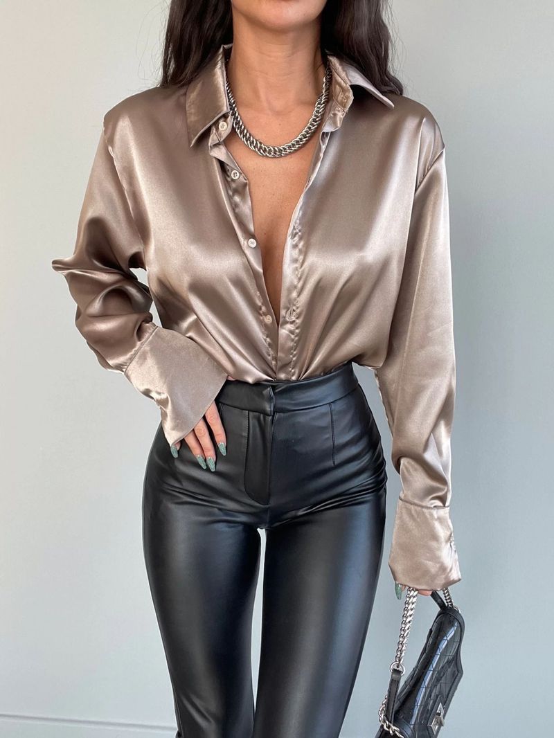 Damenbekleidung Revers Langarm Button Down Temperament Schlank Satin Hemd Für Frauen Großhandel_voghion.com