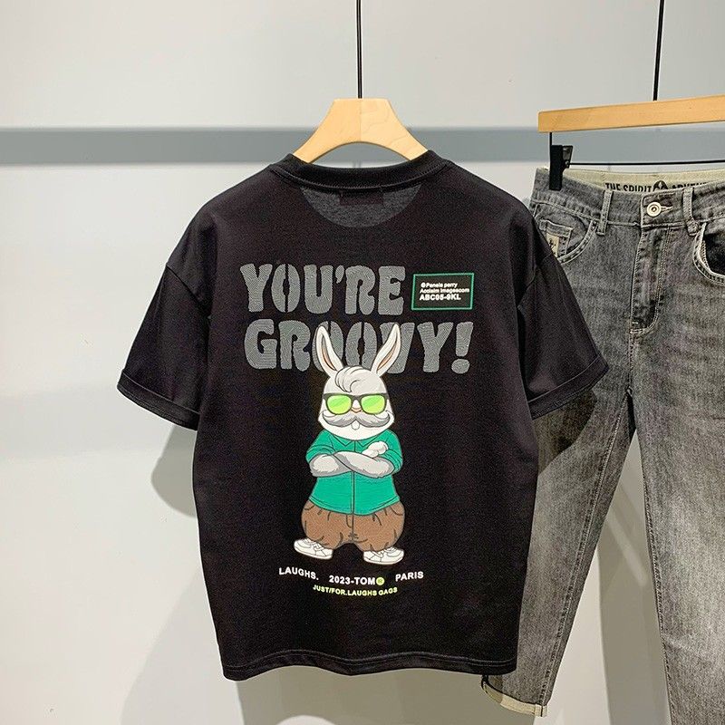 Men's Clothing Cartoon rabbit print short sleeved T shirt for men summer new fashion trend brand all match casual large size loose T shirt_voghion.com
