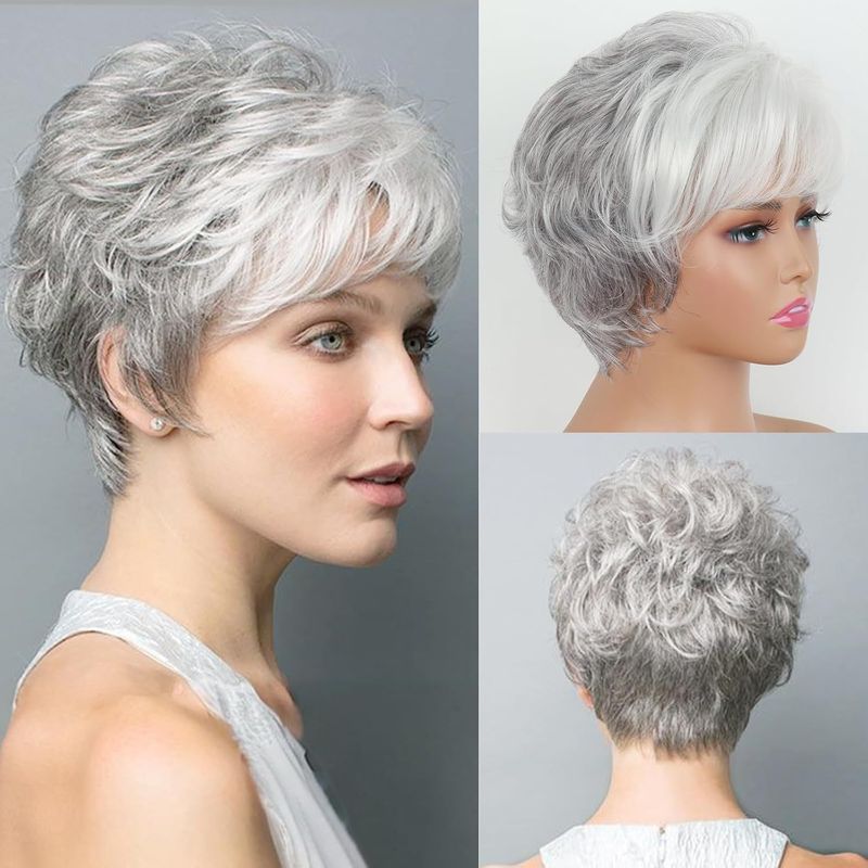 Synthetische Clip-in-Perücken Neue Mode für Damen, kurzes lockiges Haar, grau-weißer Seitenpony, Kopfbedeckung_voghion.com
