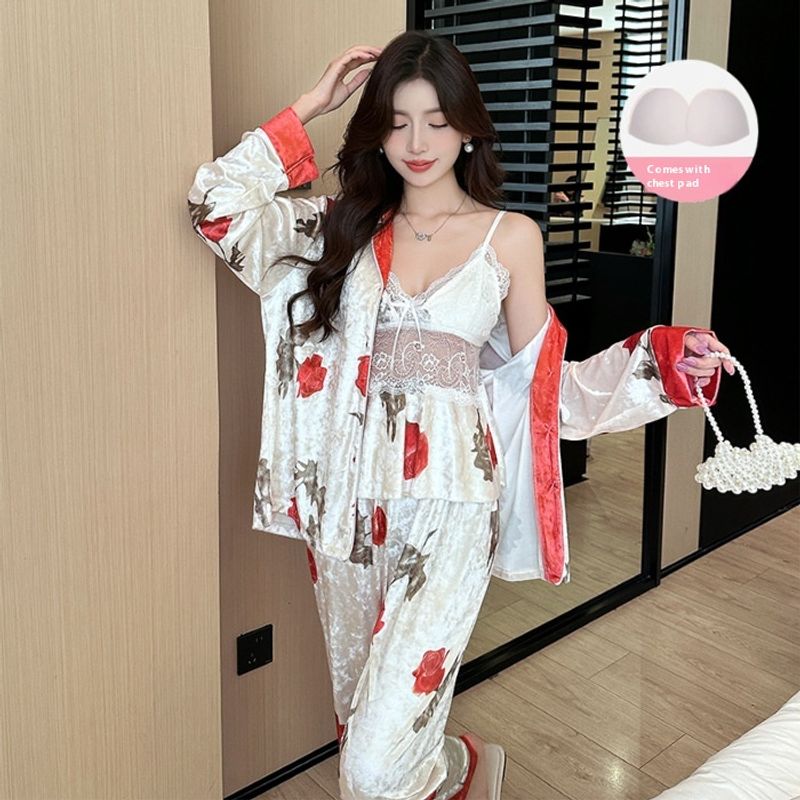 2024 New Korean Winter Gold Diamond Velvet with Chest Mat 3-piece Sweet Collar Cardigan Long Sleeve Pajama Women's Set_voghion.com