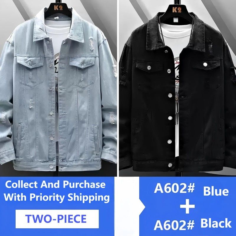 Giacca in denim strappato in DUE PEZZI da uomo, colore chiaro, alla moda, di marca, ampia, casual, con utensili, ruffiano, giacca elegante da uomo, top primavera e autunno_voghion.com