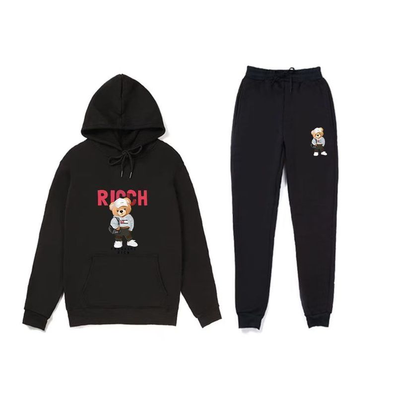 Herren Cartoon Bär Casual Sports Herbst Winter Fleece Neues loses Kapuzenpullover-Zweiteiler-Set_voghion.com