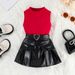 "Toddler Girls' Ribbed Vest & PU Skirt Set – Soft Cotton Play Outfit With Adjustable Waist (90-130cm)"_voghion.com