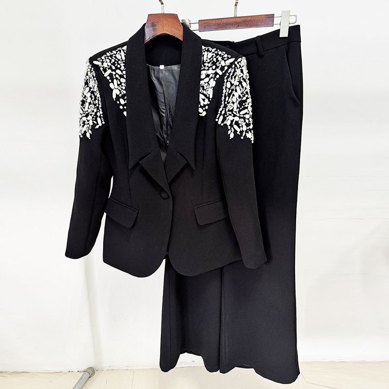 Conjunto elegante de blazer e calça de um botão com strass para mulheres – look de rua estiloso e chique para o escritório_voghion.com