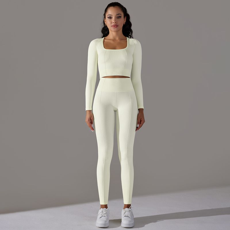 Women's Clothing seamless knitted solid color jacquard low-cut tight long-sleeved yoga suit sports fitness two-piece set_voghion.com