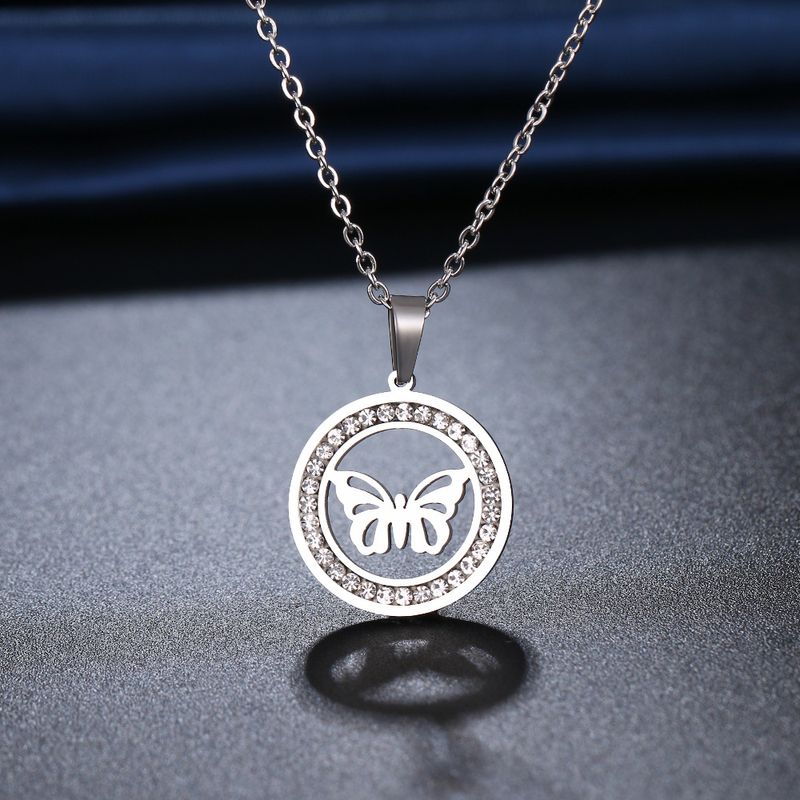 Hip hop jewelry titanium steel diamond butterfly necklace simple clay rhinestone pendant clavicle chain_voghion.com