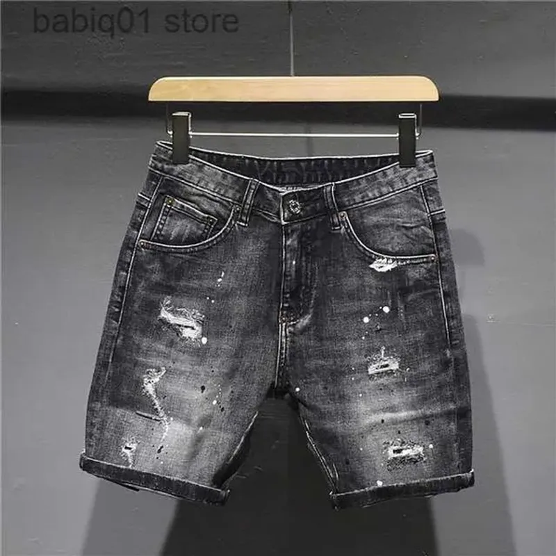 Short en Denim droit pour hommes, noir et gris, nouvelle mode élastique, peinture en aérosol, Hip Hop, jean court pour jeunes, Streetwear_voghion.com