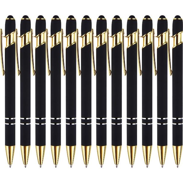 Confezione da 12 penne a sfera nere e dorate con punta stilo da 1,0 mm, inchiostro nero, penne per scrittura fluida, penne stilo in metallo per touch screen_voghion.com