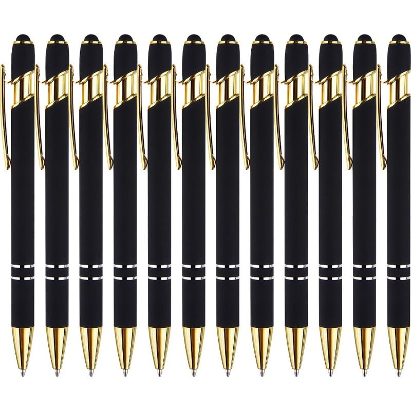 12 Pack Black Gold Ballpoint Pen With Stylus Tip 1.0 Mm Black Ink Smooth Writing Pens Metal Stylus Pens For Touch Screens_voghion.com