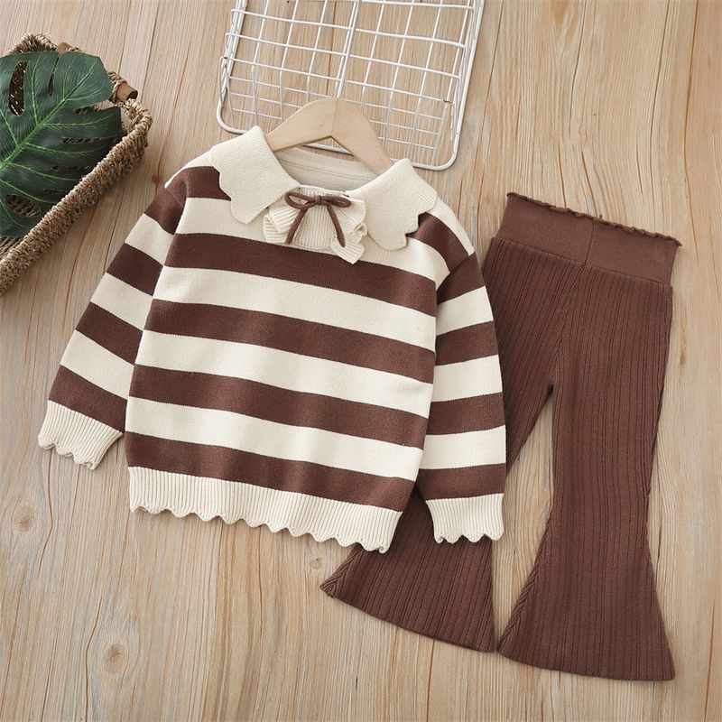 Mädchen Pullover Gestrickt Zwei Stück 2024 Herbst/Winter Neue Damen Schatz Gestreiften Hosen Set_voghion.com