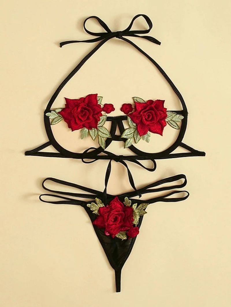 Sexy Erotic Lingerie Women's Hollow Passion Wear Lace-up Three-point Underwear Set Red Rose Breasts Exposure Sex Bra_voghion.com