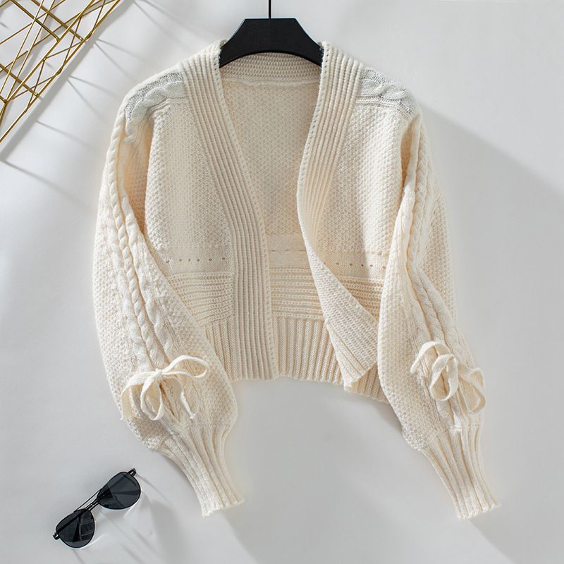 Short bow tie knit cardigan jacket women, autumn solid color sweater for women_voghion.com