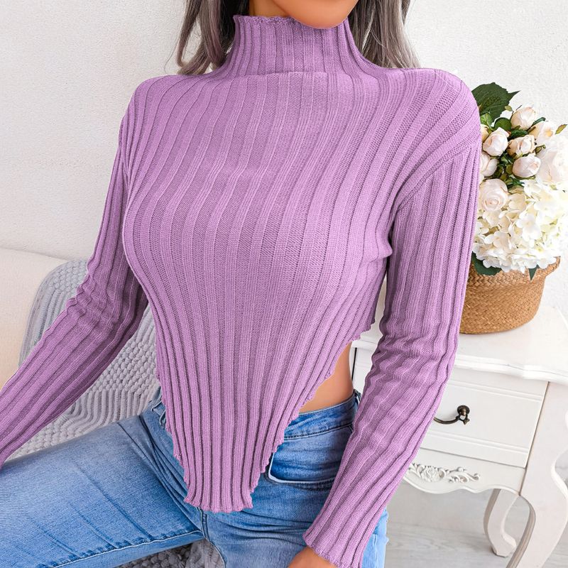 Sexy, halbhoher, langärmliger, asymmetrischer Strickpullover für Damen_voghion.com