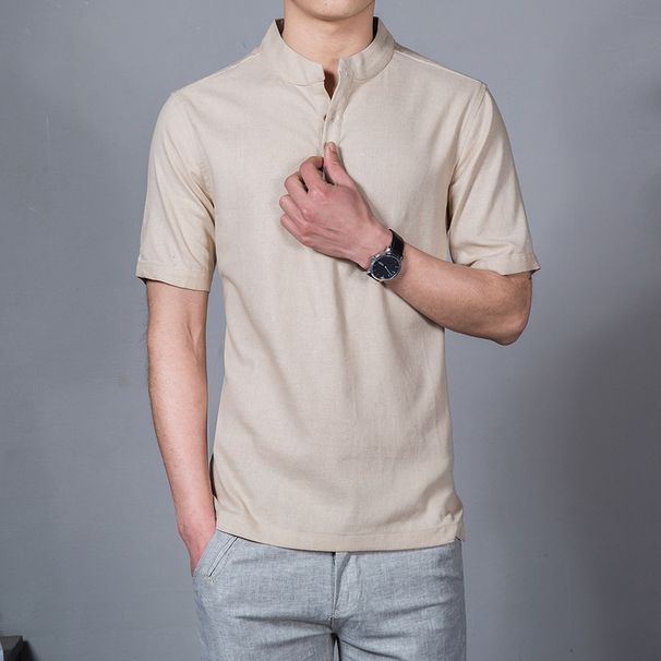 Herrenkleidung 2024 T-Shirt aus Baumwolle und Leinen mit Stehkragen für Herren in großer Größe im chinesischen Stil, einfarbig, kurzärmelig, Leinenhemd für Herren_voghion.com