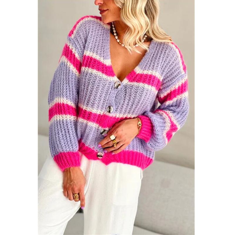 Cardigan maglione da donna a maniche lunghe con scollo a V e strisce a contrasto di colore_voghion.com