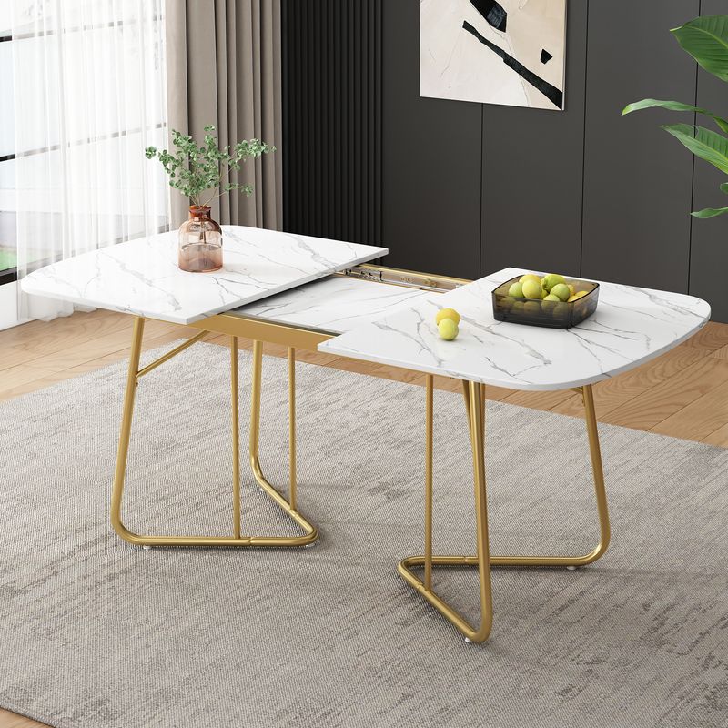 Weißer Erweiterbarer Esstisch Mit Marmorstruktur, Vergoldete Metall-Tischbeine, Erweiterbarer Esstisch140/180*80 Cm, Exquisiter Luxus-Stil, Weißer Rechtwinkliger Esstisch, Geeignet Für 4–6 Person_voghion.com