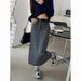 Grey suit high waist slimming straight half for women 2024 spring and autumn versatile commuting mid length skirt with a_voghion.com