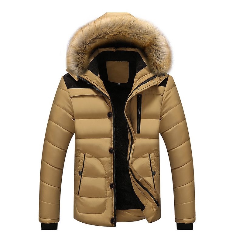 Men's Clothing cotton-padded jacket men's fleece-lined padded extra-large size cotton-padded jacket coat men's stitching hooded wool collar _voghion.com