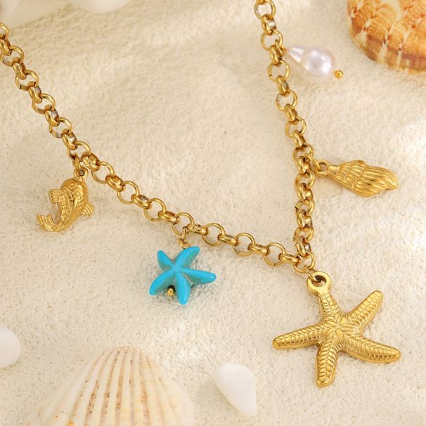 Necklace Women Golden Pendant Necklace Fashion Niche Beach Style Starfish Conch Titanium Steel Multi-Element Gold Koi Fish Pendant Necklace For Women_voghion.com