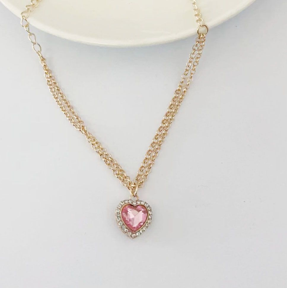 Set di orecchini, bracciale e anello rosa con collana e ciondolo a forma di cuore, semplice e creativo, per donna_voghion.com