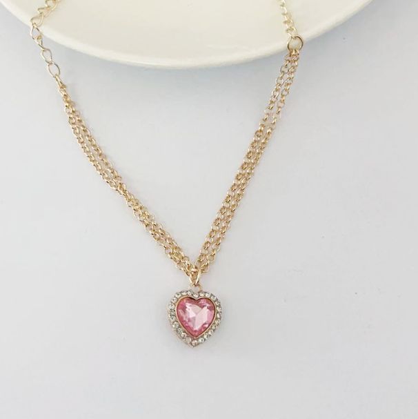 Set di orecchini, bracciale e anello rosa con collana e ciondolo a forma di cuore, semplice e creativo, per donna_voghion.com