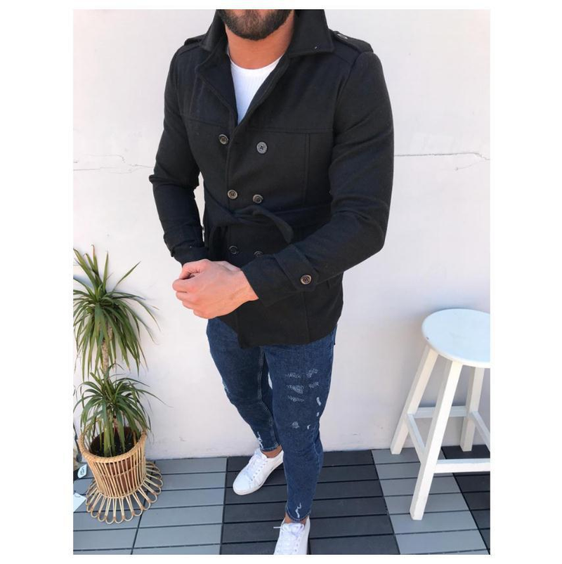 Herrrocksbälte långärmad yllerock trench dubbelknäppt_voghion.com