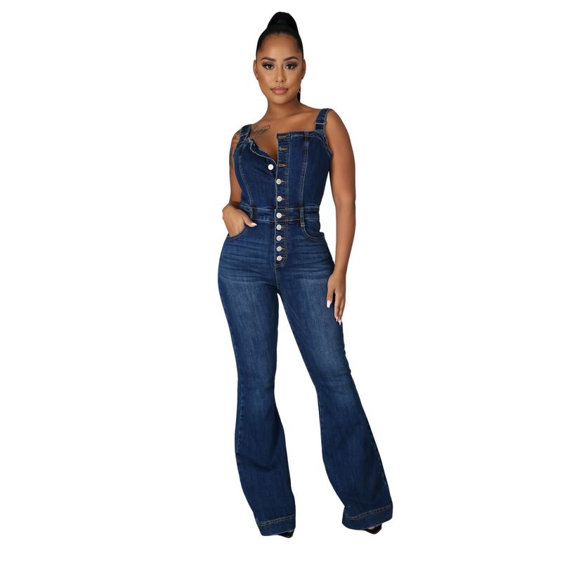 Women's fashion casual dark sexy metal breasted suspenders denim wide leg one-piece trousers_voghion.com