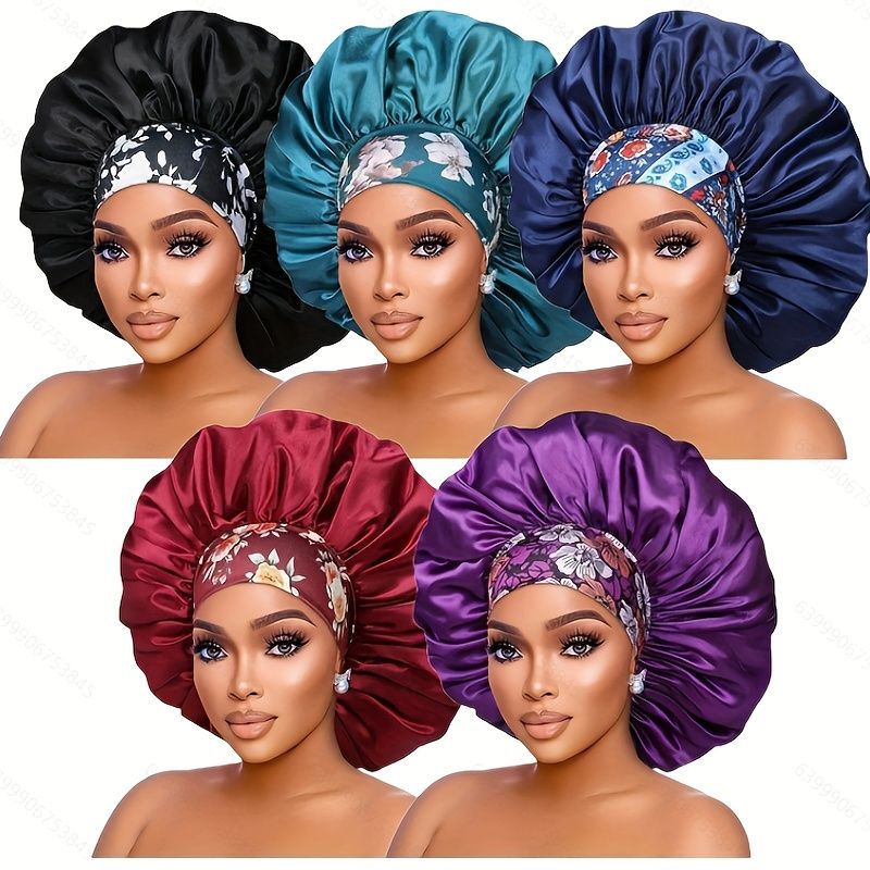 5 Pack Women's Satin Sleeping Caps High Density Hair Cap Shower Caps Elastic Wide Band Soft Surface Four Seasons Shower Cap_voghion.com